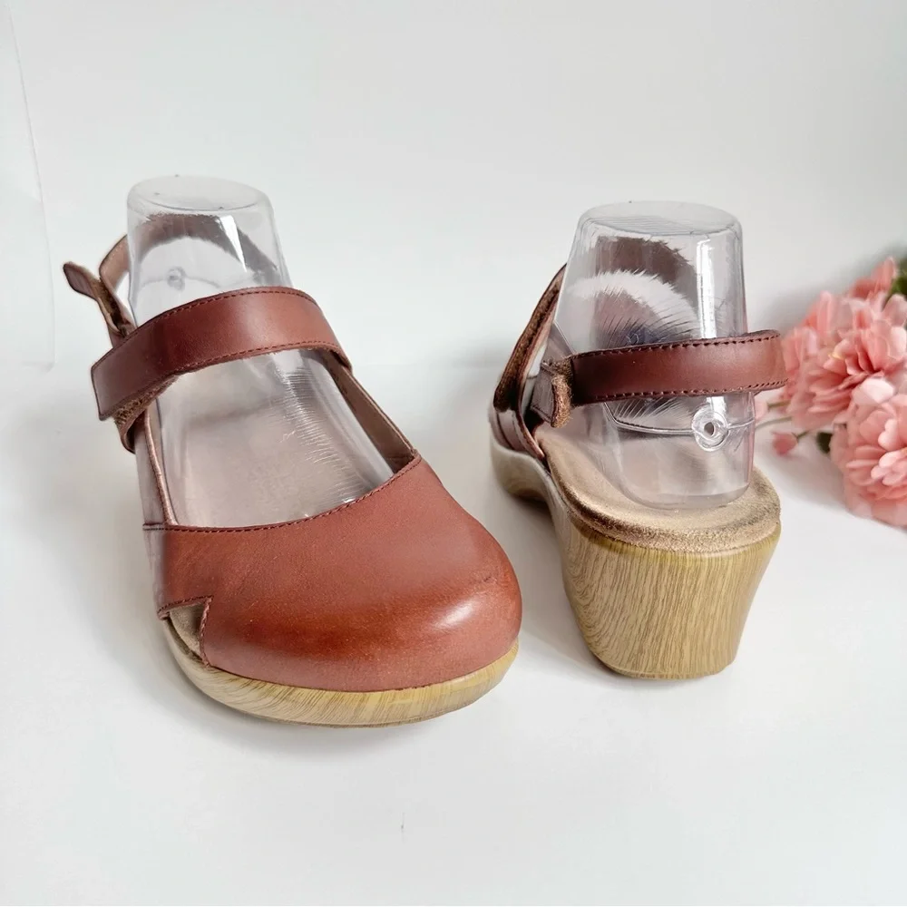 Alegria Tarah Cognac Leather Ankle Strap Wedge Shoes - Picture 3 of 16
